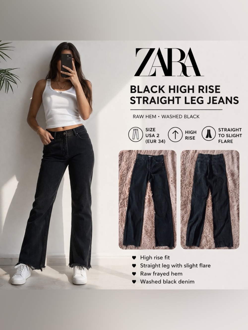 ZARA Washed Black High-Rise Straight Leg Jeans size 2